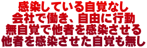 感染している自覚なし 会社で働き、自由に行動 無自覚で他者を感染させる 他者を感染させた自覚無し